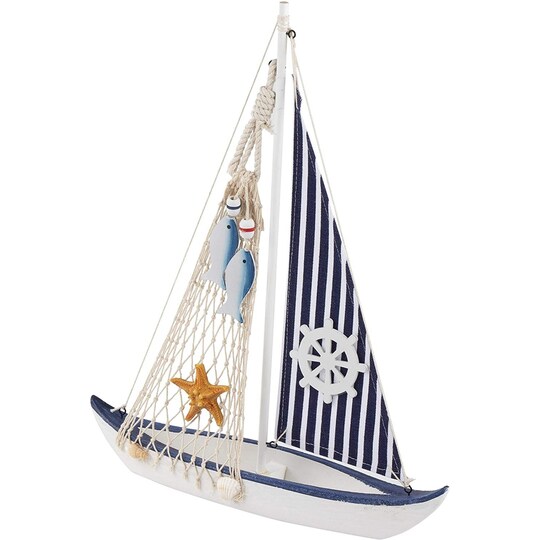 Juvale Sailboat Model Decoration - Wooden Sailing Boat Home Decor Set, Beach Nautical Design, Navy Blue and White with Ship's Wheel, 13 x 15 x 3 Inches